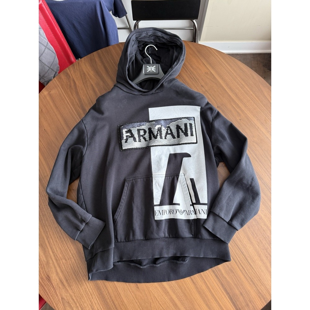 Emporio Armani Black Graphic Sequin Logo Pullover Hoodie Men's Size XXL